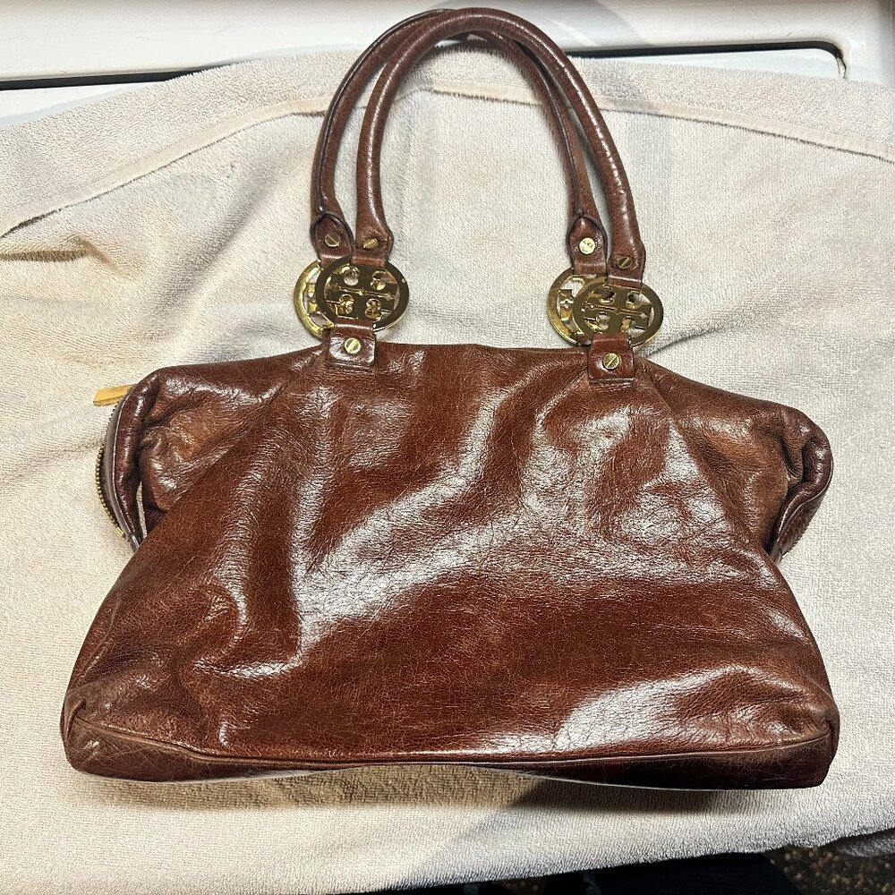 Tory Burch Slouchy Cognac Leather Bag with Gold Hardware